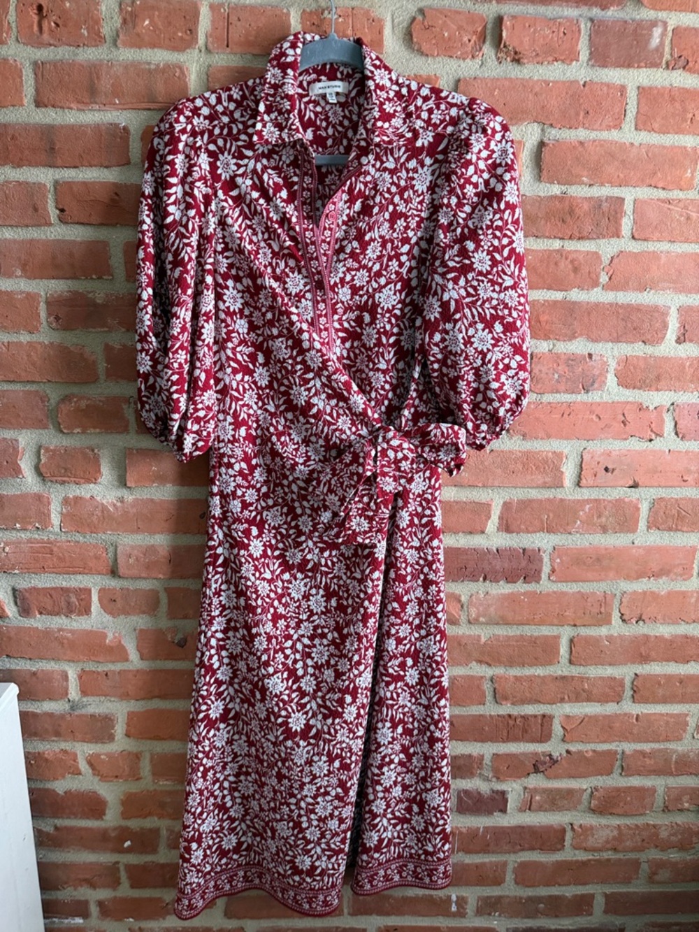 Max Studio Burgundy and White Floral Wrap Midi Dress